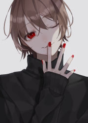Rule 34 | 1boy, bad id, bad pixiv id, black sweater, brown hair, closed mouth, collar, collared sweater, fang, fantasy, grey background, harusame sigu8, highres, long sleeves, looking at viewer, male focus, nail polish, one eye closed, original, red eyes, red nails, short hair, simple background, slit pupils, solo, sweater, vampire