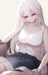 Rule 34 | 1girl, absurdres, arknights, bare arms, book, breasts, cleavage, closed mouth, collarbone, covered erect nipples, highres, large breasts, leria v, long hair, looking down, reading, red eyes, shirt, short shorts, shorts, sitting, skadi (arknights), sleeveless, solo, white hair, white shirt