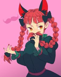 Rule 34 | 1girl, animal ears, black bow, bow, braid, cat ears, cat girl, dress, fake facial hair, fake mustache, frilled sleeves, frills, green dress, hair bow, highres, holding, holding hair, jean (jean sp), kaenbyou rin, long sleeves, looking at viewer, nail polish, pink background, playing with own hair, red eyes, red hair, red nails, slit pupils, solo, touhou, twin braids, upper body