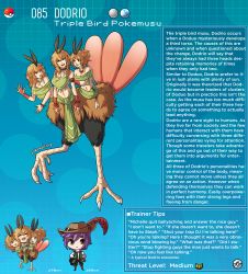 Rule 34 | 1boy, 3girls, artist name, bandages, bare shoulders, bird girl, black eyes, black feathers, bracelet, brown hair, character name, character profile, commentary, conjoined, creatures (company), dodrio, english commentary, english text, feather hair, feathers, game freak, gen 1 pokemon, hat, hat feather, highres, jewelry, kinkymation, long hair, messy hair, midriff, monster girl, multiple girls, navel, necklace, nintendo, open mouth, personification, poke ball, poke ball (basic), pokemon, purple hair, taur