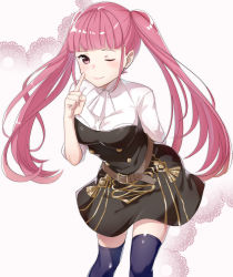 Rule 34 | 1girl, arm behind back, black thighhighs, blunt bangs, blush, breasts, cowboy shot, dress, fire emblem, fire emblem: three houses, haru (nakajou-28), highres, hilda valentine goneril, index finger raised, lips, looking at viewer, medium breasts, neckerchief, nintendo, one eye closed, pink eyes, pink hair, short dress, short hair with long locks, short sleeves, simple background, smile, solo, thighhighs, thighs, twintails, white background, zettai ryouiki