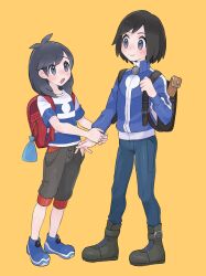 Rule 34 | 2boys, antenna hair, backpack, bag, black hair, blue footwear, blue jacket, blush, boots, calem (pokemon), capri pants, closed mouth, commentary, creatures (company), elio (pokemon), eye contact, game freak, grey eyes, highres, holding another&#039;s wrist, holding strap, jacket, long hair, looking at another, male focus, multiple boys, nintendo, open mouth, pants, pokemon, pokemon sm, pokemon xy, red bag, sana (37pisana), shirt, shoes, short sleeves, smile, standing, striped clothes, striped shirt, symbol-only commentary, yellow background