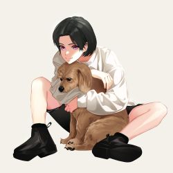 Rule 34 | 1girl, absurdres, animal, animal hug, animal request, black footwear, black hair, black pants, boots, brown hair, closed mouth, commentary request, copyright request, dog, full body, highres, himmel (allsky83), holding, hug, knee up, long sleeves, looking at viewer, original, pants, pink eyes, shirt, shoes, short hair, shorts, simple background, sitting, smile, socks, solo, striped, sweater, terrier (dog), white sweater