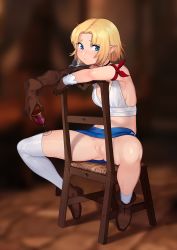 Rule 34 | 1girl, armband, asymmetrical clothes, bare shoulders, blonde hair, blue eyes, blush, breasts, censored, chair, choker, cleft of venus, cup, drinking glass, elbow gloves, elf, full body, glass, gloves, gluteal fold, halterneck, looking to the side, microskirt, miniskirt, mosaic censoring, no panties, original, pointy ears, pussy, short hair, sideboob, single sock, single thighhigh, sitting, skirt, slouching, socks, solo, spread legs, sulking, sunna (nilsunna), thighhighs, white socks, wine glass