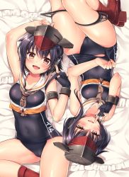 Rule 34 | 10s, 2girls, asymmetrical hair, black hair, brown eyes, clothes pull, fang, framed breasts, gloves, hair between eyes, hat, headphones, highres, i-13 (kancolle), i-14 (kancolle), index finger raised, kantai collection, looking at viewer, lying, multiple girls, one-piece swimsuit pull, open mouth, partially fingerless gloves, pillow, rotational symmetry, sailor collar, sasachin (k+w), school swimsuit, school swimsuit flap, shoes, short hair, short hair with long locks, siblings, sisters, swimsuit, teeth, tsurime, upside-down, white sailor collar