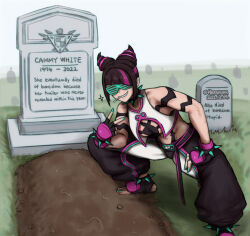 Rule 34 | 1girl, aqua nails, black hair, bracelet, breasts, capcom, collar, cone hair bun, dated, double bun, english text, grant gustin next to oliver queen&#039;s grave (meme), grave, graveyard, grin, hair bun, han juri, hershuar, jewelry, medium breasts, meme, multicolored hair, nail polish, pink hair, sharp teeth, shutter shades, smile, solo, spiked anklet, spiked bracelet, spiked collar, spikes, squatting, street fighter, street fighter 6, teeth, toenail polish, toenails, tombstone, twitter username, two-tone hair, v