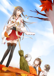 Rule 34 | 10s, 4girls, :d, ahoge, autumn, autumn leaves, bamboo broom, bare shoulders, blue sky, boots, broom, brown eyes, day, detached sleeves, double bun, food, frilled skirt, frills, glasses, grey hair, hairband, haruna (kancolle), headgear, hiei (kancolle), japanese clothes, kantai collection, kirishima (kancolle), kongou (kancolle), lace, lace-trimmed legwear, lace trim, long hair, multiple girls, nontraditional miko, open mouth, pleated skirt, red skirt, ribbon-trimmed sleeves, ribbon trim, satsu, short hair, skirt, sky, smile, sweet potato, thigh boots, thighhighs, zettai ryouiki