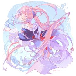Rule 34 | 1girl, clothing request, genshin impact, high ponytail, highres, japanese clothes, kimono, blue background, light purple hair, long hair, long sleeves, looking at viewer, looking back, multicolored background, open mouth, peachuu, pink hair, purple eyes, sangonomiya kokomi, smile, solo, thighhighs, white background, white thighhighs