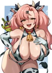 1girl absurdres amillion_(zenless_zone_zero) animal_ears animal_print bent_over bikini breasts cameltoe cleavage cow_ears cow_print cow_print_bikini cow_print_gloves cow_print_thighhighs earrings elbow_gloves furrowed_brow gloves green_hair highres huge_breasts jewelry long_hair looking_at_viewer melonpuff nicole_demara open_mouth pink_eyes print_bikini print_gloves print_thighhighs sidelocks smile solo sweat sweatdrop swimsuit teeth thighhighs upper_teeth_only zenless_zone_zero