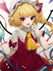 Rule 34 | 1girl, :d, ascot, blonde hair, blue ribbon, blush, bow, confetti, cowboy shot, crystal, daimaou ruaeru, flandre scarlet, frilled shirt collar, frills, gradient background, grey background, hand up, hat, hat bow, highres, long hair, looking at viewer, mob cap, nail polish, one side up, open mouth, petticoat, puffy short sleeves, puffy sleeves, red bow, red eyes, red nails, red ribbon, red skirt, red vest, ribbon, shirt, short sleeves, skirt, skirt set, smile, solo, touhou, vest, white background, white hat, white shirt, wings, wrist cuffs, yellow ascot