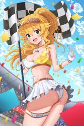 1girl armpits ass bare_shoulders blonde_hair blue_sky blush breasts checkered_flag cleavage cloud cloudy_sky collarbone commentary confetti cowboy_shot dot_nose earrings eyelashes fingerless_gloves flag floating_hair fluffy_hair from_behind gloves green_eyes groin hair_between_eyes hat highres holding holding_flag hoshii_miki idolmaster idolmaster_(classic) idolmaster_million_live! idolmaster_million_live!_theater_days jewelry jyo_(leleon) large_breasts long_hair looking_at_viewer looking_back microskirt navel necklace official_alternate_costume official_alternate_hairstyle open_mouth orange_hat outdoors ponytail race_queen racing_suit sideboob sidelocks skindentation skirt sky solo star_(symbol) star_earrings thigh_strap visor_cap w wavy_hair white_gloves white_skirt