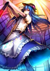 Rule 34 | 1girl, belt, blue hair, boots, covering own mouth, dress, food, from below, fruit, hat, highres, hinanawi tenshi, long hair, looking at viewer, peach, red eyes, solo, sword, sword of hisou, touhou, u u zan, weapon