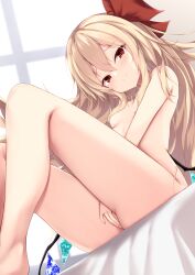 Rule 34 | 1girl, alternate hair length, alternate hairstyle, backlighting, blush, breasts, completely nude, crystal, female masturbation, flandre scarlet, from below, hair censor, hair down, highres, indoors, kashiwagi yamine, long hair, looking at viewer, low wings, masturbation, nude, on bed, red eyes, sitting, small breasts, smile, solo, touhou, very long hair, window, wings