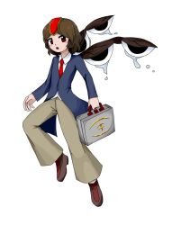 Rule 34 | 1other, :o, androgynous, blue jacket, blush stickers, briefcase, brown footwear, brown hair, brown pants, collared shirt, commentary request, eye of senri, full body, hat, headgear, highres, holding, holding briefcase, jacket, korean commentary, len&#039;en, long sleeves, looking at viewer, necktie, open mouth, other focus, pants, parody, red eyes, red hat, red necktie, shirt, shoes, short hair, simple background, socks, solo, style parody, teardrop, touhou, waiwa way, white background, white shirt, white socks, wings, zun (style)