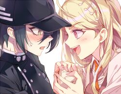 Rule 34 | 1boy, 1girl, ahoge, akamatsu kaede, aqua hair, baseball cap, black hat, black jacket, blonde hair, blush, buttons, collared jacket, collared shirt, colored eyepatch, commentary, crest, danganronpa (series), danganronpa v3: killing harmony, double-breasted, eye contact, eyelashes, eyepatch, fingernails, fortissimo, hair between eyes, hair ornament, happy, hat, high collar, holding hands, inzup, jacket, light blush, long hair, long sleeves, looking at another, musical note, musical note hair ornament, necktie, nervous, open mouth, orange necktie, pocket, purple eyes, purple vest, saihara shuichi, shirt, simple background, smile, sweatdrop, symbol-only commentary, teeth, upper body, upper teeth only, v-neck, vest, white background, white shirt, white sleeves