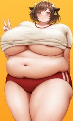 Rule 34 | 1girl, animal ears, areola slip, belly, blush, breasts, brown eyes, brown hair, chestnut mouth, cow ears, cow girl, cow horns, cowboy shot, dot nose, ear tag, fat, female focus, gym uniform, highres, horns, huge breasts, looking at viewer, matching hair/eyes, midriff, mil k vanilla, navel, nipples, orange background, original, red shorts, shiny skin, shirt, short hair, shorts, skin tight, solo, standing, sweatdrop, thick thighs, thighs, underboob, v, white shirt, wide hips, yellow background