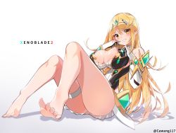 Rule 34 | 1girl, bare shoulders, blonde hair, breasts, cawang, cleavage, elbow gloves, feet, full body, full moon, gloves, grin, hair between eyes, hand on own cheek, hand on own chest, hand on own face, long hair, looking at viewer, lying, moon, mythra (xenoblade), on floor, shadow, smile, solo, teeth, thighs, toes, white gloves, xenoblade chronicles (series), xenoblade chronicles 2, yellow eyes