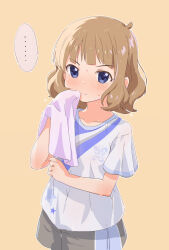 Rule 34 | ..., 1girl, ahoge, animal print, blue eyes, blush, brown background, brown hair, butterfly print, closed mouth, collarbone, commentary request, cowboy shot, flat chest, grey shorts, highres, holding, holding towel, idolmaster, idolmaster million live!, idolmaster million live! theater days, lesson wear (idolmaster million live!), looking at viewer, medium hair, orange background, print shirt, rulyuzevcpalyo, serious, shirt, short sleeves, shorts, sidelocks, solo, spoken ellipsis, suou momoko, sweat, towel, wavy hair, white shirt