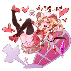 Rule 34 | 1girl, black thighhighs, blonde hair, blush, bow, flandre scarlet, hat, hat bow, heart, high heels, highres, one eye closed, panties, red eyes, sash, side ponytail, solo, spoken heart, thighhighs, touhou, underwear, white panties, wings, wrist cuffs, yofukashi