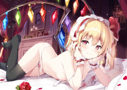 Rule 34 | 1girl, bare arms, bare shoulders, bed, black thighhighs, blonde hair, blush, bow, bow panties, bra, commentary request, crystal, curtains, feet out of frame, flandre scarlet, flower, frills, hair between eyes, hair ribbon, hairband, hands up, indoors, long hair, looking at viewer, lying, maid headdress, miyase mahiro, no shoes, on stomach, one side up, panties, petals, red eyes, red flower, red hairband, red ribbon, red rose, ribbon, rose, rose petals, shadow, side-tie panties, smile, solo, thighhighs, thighs, touhou, underwear, underwear only, white bra, white panties, wings, wrist cuffs