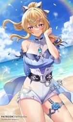 Rule 34 | 1girl, bare shoulders, beach, blonde hair, blue eyes, blue sky, blush, bow, breasts, brooch, cloud, dandelion, detached sleeves, falling petals, flower, genshin impact, hair bow, high-waist shorts, high ponytail, highres, jean (genshin impact), jean (sea breeze dandelion) (genshin impact), jewelry, large breasts, looking at viewer, official alternate costume, outdoors, pantheon eve, petals, rainbow, sand, shore, shorts, sidelocks, sky, smile, solo, standing, thighlet, thighs, water