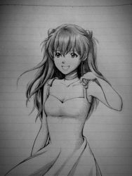 Rule 34 | 1girl, adjusting clothes, bare arms, bare shoulders, breasts, choker, cleavage, cowboy shot, dress, facing viewer, interface headset, long hair, looking away, monochrome, neon genesis evangelion, photo (medium), small breasts, smile, solo, souryuu asuka langley, spaghetti strap, sundress