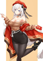 Rule 34 | 1girl, aran sweater, asya, azur lane, belfast (azur lane), belfast (shopping with the head maid) (azur lane), beret, black footwear, black legwear, black skirt, blush, box, breasts, brown sweater, cable knit, choker, cleavage, collarbone, earrings, food, hat, high heels, highres, holding, holding box, holding food, hoop earrings, jewelry, large breasts, leg up, long hair, looking at viewer, nail polish, off-shoulder sweater, off shoulder, pink nails, pocky, shawl, silver hair, skirt, smile, solo, sweater