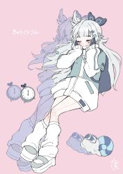 Rule 34 | 1girl, afterimage, alarm clock, and uge, black gloves, blunt bangs, blush, cevio, clock, closed eyes, closed mouth, coat, commentary request, flat chest, full body, gloves, grey hair, hairpods, hands on own cheeks, hands on own face, head wings, highres, kyu-kurarin (cevio), long hair, long sleeves, medium bangs, nanashi inc., pink background, platform footwear, shoes, simple background, single head wing, smile, snail, socks, solo, translation request, virtual youtuber, vtyu tama, white coat, white footwear, white socks, wings