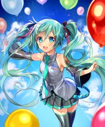 Rule 34 | 1girl, :d, aqua hair, balloon, black thighhighs, blue eyes, bow, detached sleeves, hair bow, hair ribbon, hatsune miku, headset, holding, long hair, looking at viewer, murakami yuichi, necktie, open mouth, pleated skirt, ribbon, skirt, smile, solo, thighhighs, twintails, vocaloid, zettai ryouiki