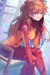 Rule 34 | 1girl, absurdres, blue eyes, bodysuit, bracer, breasts, cleavage, evangelion: 2.0 you can (not) advance, hairpods, highres, interface headset, long hair, medium breasts, misty cj, multicolored bodysuit, multicolored clothes, neon genesis evangelion, orange bodysuit, orange hair, pilot suit, plugsuit, rebuild of evangelion, red bodysuit, see-through, see-through cleavage, sitting, smile, solo, souryuu asuka langley, test plugsuit