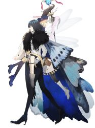 Rule 34 | ankle boots, annoyed, armlet, arthropod limbs, artoria caster (fate), artoria caster (first ascension) (fate), artoria caster (second ascension) (fate), artoria pendragon (fate), belt bag, beret, black hair, black pantyhose, blonde hair, blue footwear, boots, butterfly wings, cape, cloak, crown, diamond hairband, dragonfly wings, dress, fate/grand order, fate (series), fur hat, fur trim, gloves, grey hat, hat, highres, holding, holding staff, insect wings, long hair, long sleeves, ninjin (ne f g o), oberon (fate), oberon (third ascension) (fate), pantyhose, pouch, shirt, sidelocks, simple background, sleeveless, staff, twintails, ushanka, vest, white background, white dress, white footwear, white shirt, white vest, wing cape, wings