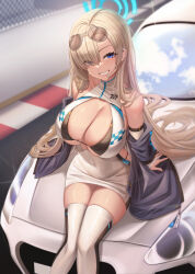 Rule 34 | 1girl, absurdres, asuna (blue archive), bare shoulders, black bra, blue archive, blue eyes, blush, bra, breasts, cleavage, covered navel, dress, epko, eyewear on head, hair over one eye, halo, highres, huge breasts, jacket, long hair, looking at viewer, mole, mole on breast, race queen, race vehicle, smile, solo, thighhighs, turtleneck, turtleneck dress, underwear, very long hair