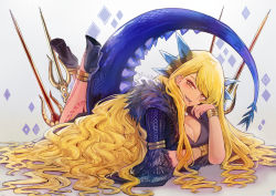 1girl absurdres blonde_hair breasts cleavage cleavage_cutout clothing_cutout dragon dragon_girl dragon_horns dragon_tail dress fate/grand_order fate_(series) high_heels highres horns huge_filesize long_hair looking_at_viewer lying ootato polearm sharp_teeth simple_background solo spear spikes spines tail tattoo teeth very_long_hair vritra_(fate) weapon yellow_eyes