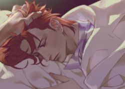 Rule 34 | 1boy, emg (christain), eyelashes, hand in own hair, hand on another&#039;s head, jojo no kimyou na bouken, kakyoin noriaki, male focus, portrait, red hair, sleeping, solo, solo focus, under covers