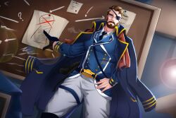Rule 34 | 1boy, absurdres, another eidos-r, bara, bart (another eidos), beard, blue eyes, chest belt, coat, coat on shoulders, daji takaishi (takai 43), dutch angle, eyepatch, facial hair, feet out of frame, gloves, highres, large pectorals, male focus, mature male, multicolored hair, muscular, muscular male, mustache, necktie, pectorals, pirate, pointing, short hair, single glove, solo, standing, streaked hair, thick thighs, thigh strap, thighs