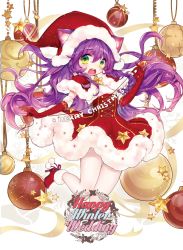 Rule 34 | 1girl, blush, boots, breasts, christmas ornaments, gloves, green eyes, hat, joypyonn, league of legends, long hair, looking at viewer, lulu (league of legends), merry christmas, purple hair, red gloves, santa boots, santa costume, santa hat, solo, star (symbol), string