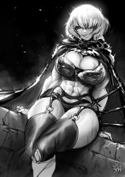 Rule 34 | 1girl, abs, armor, artist name, bandeau, black cape, blood, breasts, cape, cleavage, clementine (overlord), dagger, garter belt, greyscale, hair over one eye, highres, knife, large breasts, looking at viewer, midriff, monochrome, muscular, navel, o-ring, o-ring legwear, overlord (maruyama), panties, short hair, sitting, skindentation, smirk, solo, the golden smurf, thick thighs, thighhighs, thighs, torn clothes, underwear, weapon