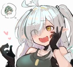 Rule 34 | 2girls, afterimage, ahoge, ahoge wag, arknights, asususususu, bare shoulders, black gloves, black hair, breasts, chibi, chibi inset, commentary request, drooling, expressive hair, eyes visible through hair, gavial (arknights), gloves, goggles, goggles on head, green hair, green tank top, grey hair, hair over one eye, hands up, heart, highres, long hair, medium breasts, mouth drool, multicolored hair, multiple girls, pointy ears, simple background, solo focus, spoken character, streaked hair, tank top, tomimi (arknights), two side up, upper body, white background, yellow eyes
