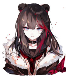 Rule 34 | 1girl, animal ears, arknights, artist name, bear ears, black choker, black hair, black jacket, black sailor collar, blue eyes, chinese commentary, choker, commentary request, fur-trimmed jacket, fur trim, highres, jacket, long hair, looking at viewer, multicolored hair, neckerchief, parted lips, red hair, red neckerchief, sailor collar, sheya, signature, simple background, solo, streaked hair, upper body, white background, zima (arknights)
