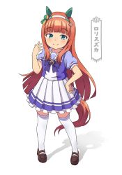 Rule 34 | aged down, animal ears, blouse, blue eyes, blush, commentary request, full body, hair ornament, headband, highres, horse ears, horse girl, horse tail, kumaji (kumazidayo), looking at viewer, orange hair, purple shirt, shirt, shoes, silence suzuka (umamusume), simple background, smile, solo, tail, thighhighs, umamusume, white background, white thighhighs
