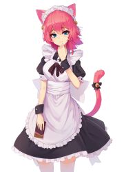Rule 34 | 1girl, animal ear fluff, animal ears, apron, bell, black bow, black bowtie, black dress, bow, bowtie, breasts, cat ears, cat tail, cowboy shot, dethmaid, dress, hair bell, hair ornament, hand up, highres, holding, large breasts, maid, maid headdress, medium hair, pink hair, solo, tail, thighhighs, white apron, white thighhighs, zettai ryouiki