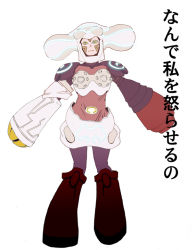 Rule 34 | 1girl, clay doll dopant, elbow gloves, full body, fur, gloves, hat, head tilt, kamen rider, kamen rider w, kuzunoha, looking at viewer, machinery, monster, outstretched arms, simple background, solo, standing, white background