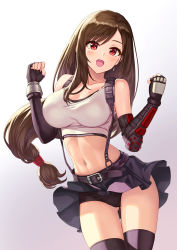 Rule 34 | 1girl, arm guards, armor, bare shoulders, belt, black panties, black skirt, black thighhighs, blush, breasts, brown hair, cameltoe, cleavage, clenched hands, collarbone, commentary, earrings, elbow gloves, final fantasy, final fantasy vii, final fantasy vii remake, fingerless gloves, gloves, gluteal fold, gradient background, hamahama, hands up, highres, jewelry, large breasts, long hair, looking at viewer, low-tied long hair, midriff, miniskirt, navel, open mouth, panties, red eyes, simple background, skirt, smile, solo, stomach, suspender skirt, suspenders, tank top, teardrop earring, thighhighs, thighs, tifa lockhart, underwear, white background