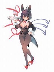 Rule 34 | 1girl, ahoge, akagashi hagane, animal ears, asymmetrical wings, black hair, black jacket, black leotard, blue wings, bow, bowtie, breasts, commentary request, cup, detached collar, drinking glass, footwear bow, full body, hand on own hip, hand up, high heels, highleg, highleg leotard, holding, holding tray, houjuu nue, jacket, leotard, long sleeves, medium breasts, pantyhose, playboy bunny, pointy ears, rabbit ears, rabbit tail, red bow, red bowtie, red eyes, red footwear, red wings, shoes, short hair, simple background, sleeve cuffs, solo, tail, tailcoat, touhou, tray, white background, wine glass, wings