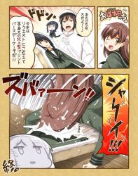 Rule 34 | 10s, 1boy, 2girls, ;d, admiral (kancolle), birthday, black hair, blunt bangs, braid, brown eyes, brown hair, cake, color drain, comic, commentary request, dated, female pervert, food, gloves, hand on own chest, hat, heart, kantai collection, kitakami (kancolle), long hair, military, military uniform, multiple girls, naval uniform, one eye closed, ooi (kancolle), open mouth, peaked cap, pervert, school uniform, serafuku, shaded face, short hair, smile, translation request, uniform, utsurogi angu