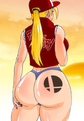 Rule 34 | 1girl, ass, ass support, ass tattoo, bare shoulders, baseball cap, blonde hair, breasts, fatal fury, from behind, genderswap, genderswap (mtf), hat, huge ass, kazuya19 13, large breasts, long hair, nintendo, ponytail, shiny skin, sideboob, snk, snk heroines: tag team frenzy, solo, super smash bros., tattoo, terry bogard, thong