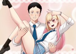 Rule 34 | 1boy, 1girl, artist logo, barbell piercing, black hair, black socks, blonde hair, blue necktie, blue skirt, carrying, collared shirt, commentary request, couple, dress shirt, ear piercing, finalcake, gojou wakana, gradient hair, kitagawa marin, loafers, long hair, looking at viewer, mixed-language commentary, multicolored hair, nail polish, necktie, parted lips, piercing, pink background, pink nails, pleated skirt, princess carry, red eyes, school uniform, shirt, shoes, short hair, skirt, smile, socks, sono bisque doll wa koi wo suru, tongue piercing, upper body, white shirt