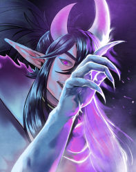 Rule 34 | 1boy, benur, black hair, blue eyeshadow, claws, colored skin, crescent, eyeshadow, glowing, grey skin, highres, horns, league of legends, long hair, looking at viewer, makeup, male focus, open mouth, pointy ears, ponytail, purple eyes, purple horns, solo, spirit blossom (league of legends), spirit blossom thresh, teeth, thresh (league of legends), torn, torn clothes, upper body, upper teeth only