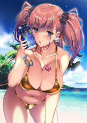 Rule 34 | 1girl, 1other, atlanta (kancolle), beach, beer can, bikini, blush, bokukawauso, brand name imitation, breasts, brown hair, can, chestnut mouth, cloud, collarbone, cowboy shot, day, drink can, earrings, fingernails, gold bikini, grey eyes, groin, heart lock (kantai collection), highres, holding, holding can, jewelry, kantai collection, kyogoku shin, large breasts, leaning forward, long hair, navel, necklace, ocean, open mouth, outdoors, palm tree, sky, star (symbol), star earrings, swimsuit, thighs, tree, two side up, water