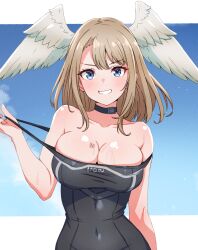 Rule 34 | 1girl, :d, bare shoulders, black bodysuit, blue eyes, blue sky, blush, bodysuit, breasts, brown hair, cleavage, collar, collarbone, commentary request, covered navel, day, eunie (xenoblade), grin, head wings, highres, kamidan, large breasts, looking at viewer, medium hair, open mouth, outside border, parted lips, partial commentary, pulled by self, sky, smile, solo, strap pull, teasing, upper body, v-shaped eyebrows, wings, xenoblade chronicles (series), xenoblade chronicles 3